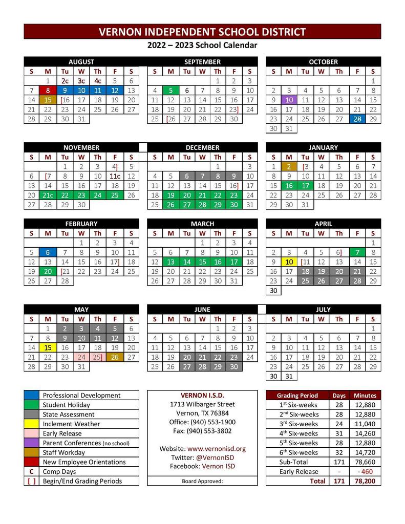 Vernon Independent School District Calendar 2024-2025 - Mycollegepoints