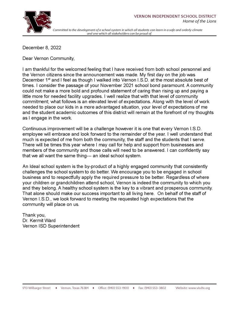 Dr. Ward Welcome Letter