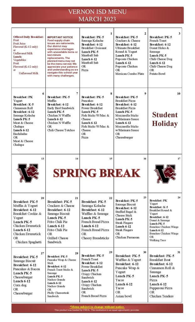 March Cafeteria Menu